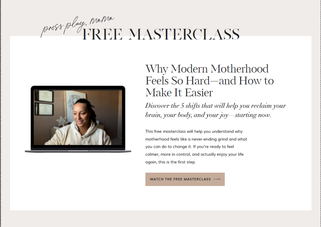 A free masterclass to help moms enjoy motherhood more. Motherhood doesn't have to be this hard. You deserve to enjoy it. 